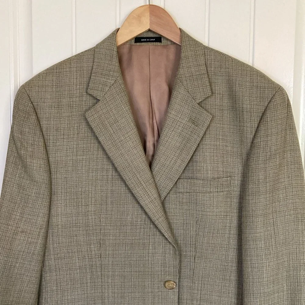 Lauren Ralph Lauren Mens‎ Silk Wool Blend 2 Button Blazer Size 44R Tan Plaid